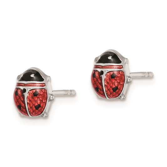 Rhodium-plated Sterling Silver Enameled Lady Bug Post Earrings