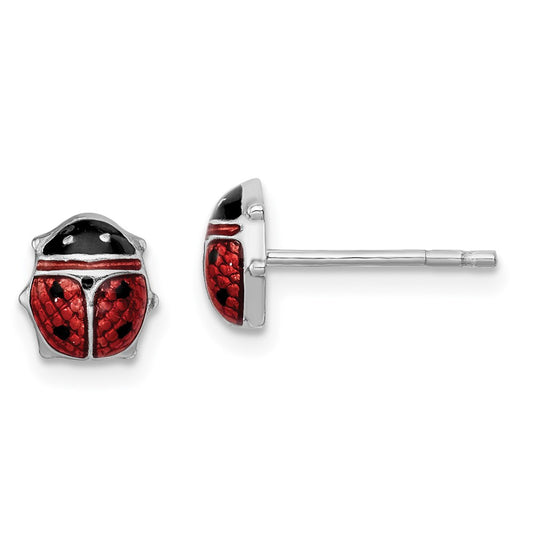 Rhodium-plated Sterling Silver Enameled Lady Bug Post Earrings