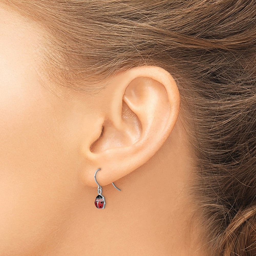 Rhodium-plated Sterling Silver Enameled Ladybug Dangle Earrings