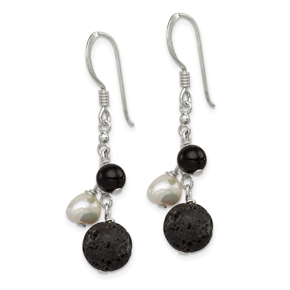 Sterling Silver FWC Pearl Black Agate Lava Rock Dangle Earrings