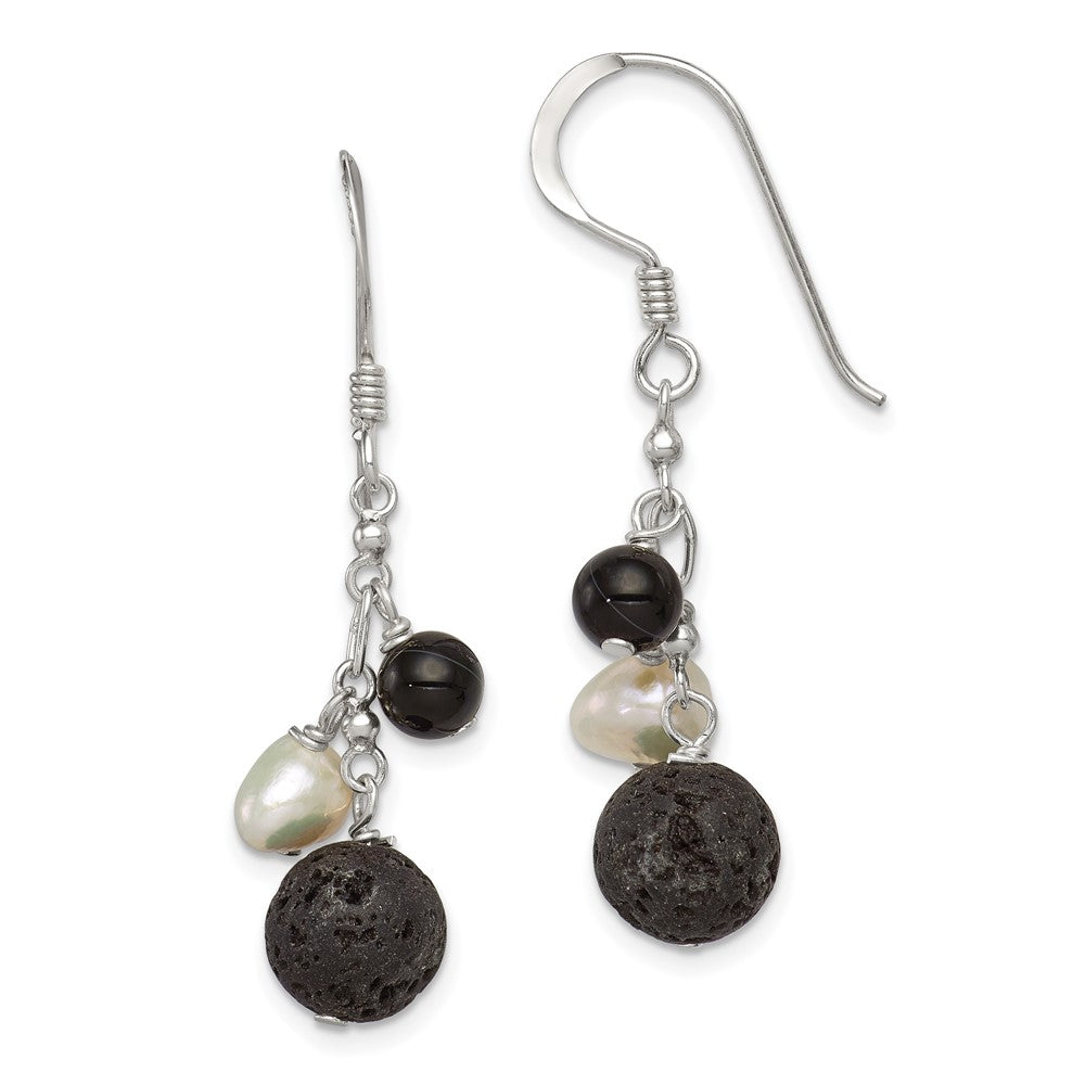 Sterling Silver FWC Pearl Black Agate Lava Rock Dangle Earrings