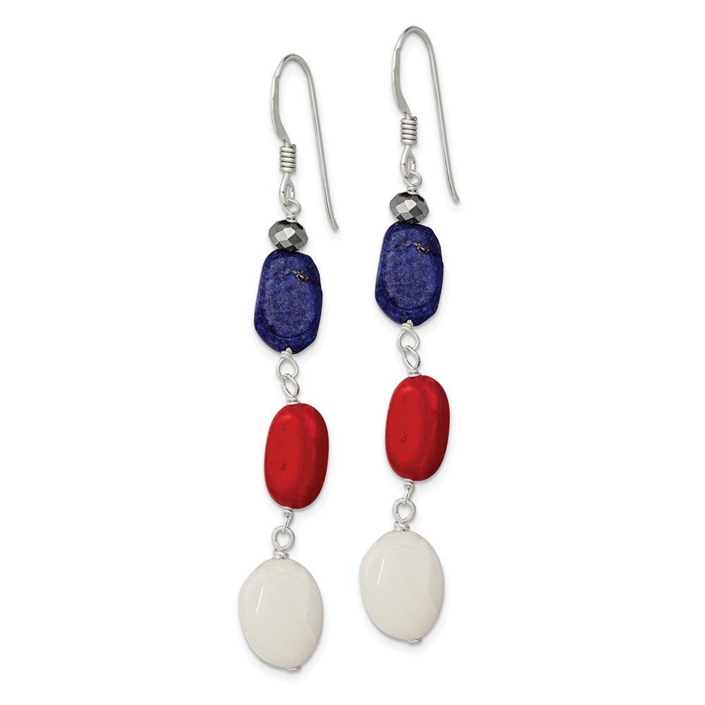 Sterling Silver Red Coral Crystal White Jade Lapis Dangle Earrings