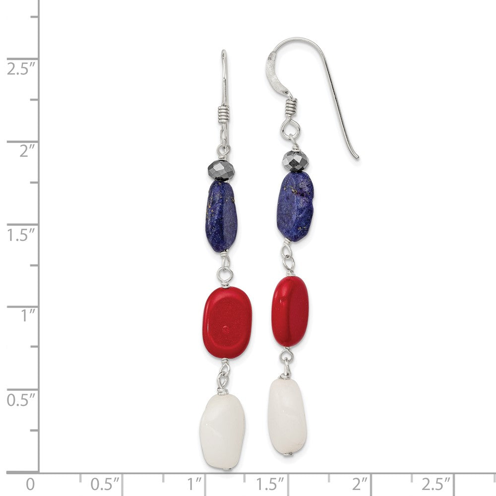Sterling Silver Red Coral Crystal White Jade Lapis Dangle Earrings