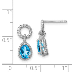 Rhodium-plated Sterling Silver Blue Topaz Pear Twisted Post Earrings