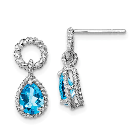 Rhodium-plated Sterling Silver Blue Topaz Pear Twisted Post Earrings
