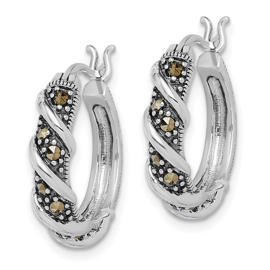 Rhodium-plated Sterling Silver Antiqued Swirl Hoop Marcasite Earrings