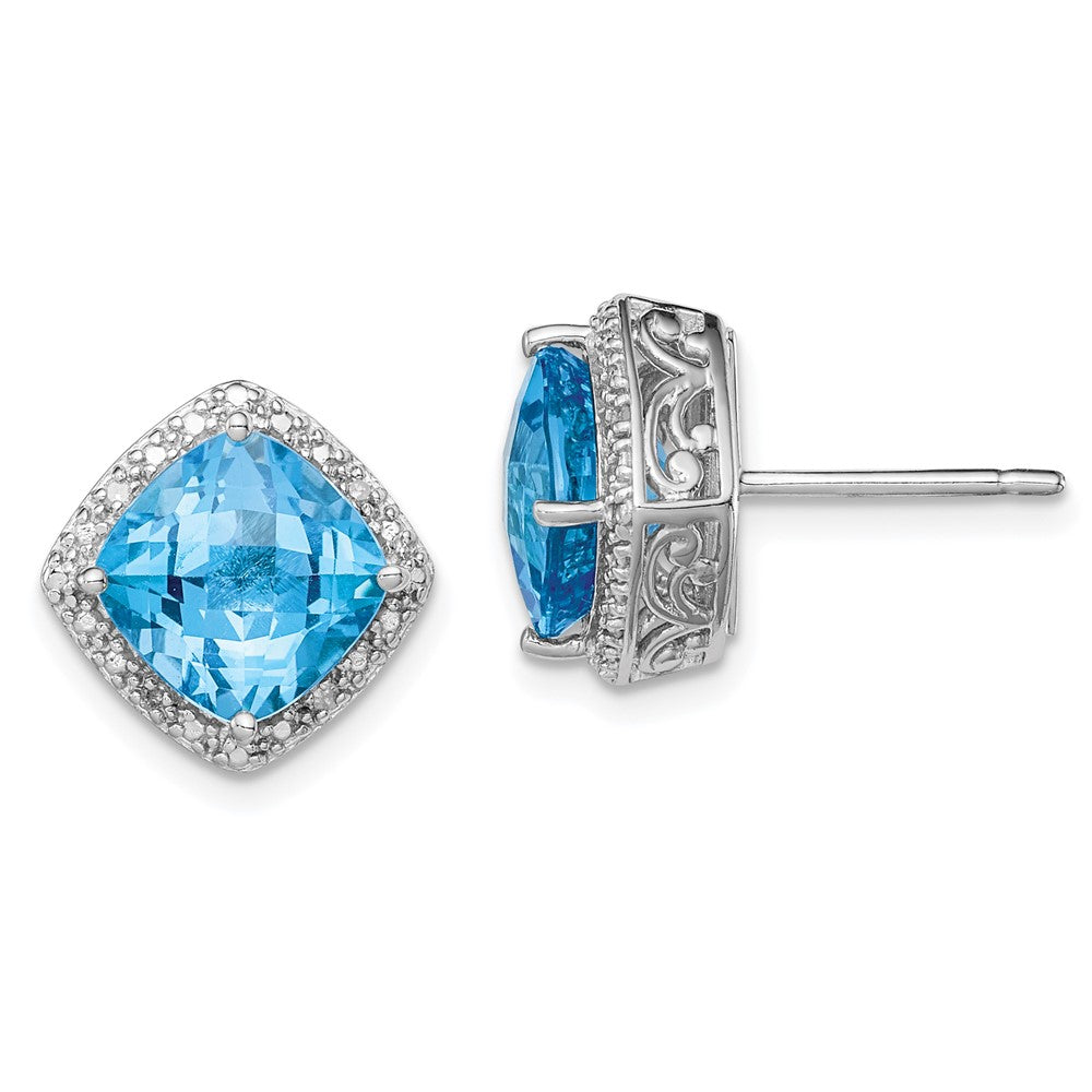 Rhodium-plated Sterling Silver Blue Topaz and Diamond Earrings