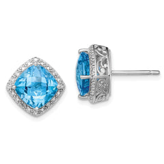 Rhodium-plated Sterling Silver Blue Topaz and Diamond Earrings