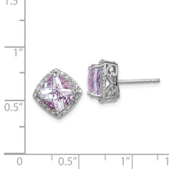 Rhodium-plated Sterling Silver Pink Quartz and Diamond Earrings
