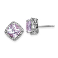 Rhodium-plated Sterling Silver Pink Quartz and Diamond Earrings