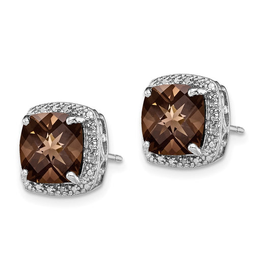 Rhodium-plated Sterling Silver Smokey Quartz and Diamond Earrings