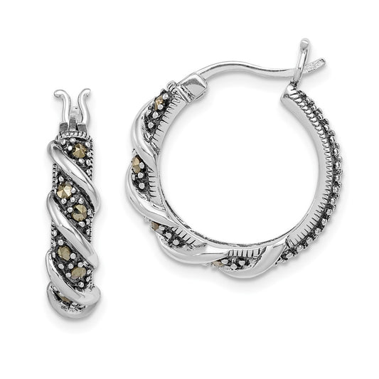 Rhodium-plated Sterling Silver Antiqued Swirl Hoop Marcasite Earrings