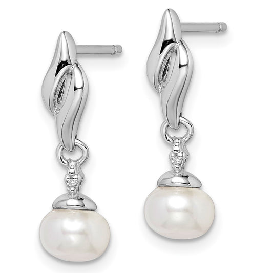 Rhodium-plated Sterling Silver Diamond & FWC Pearl Post Earrings