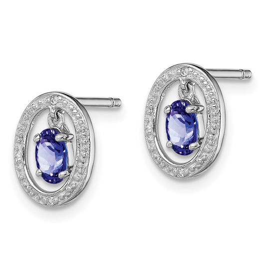 Rhodium-plated Sterling Silver Diamond & Tanzanite Oval Post Earrings