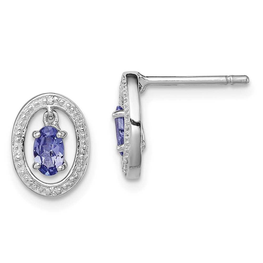 Rhodium-plated Sterling Silver Diamond & Tanzanite Oval Post Earrings