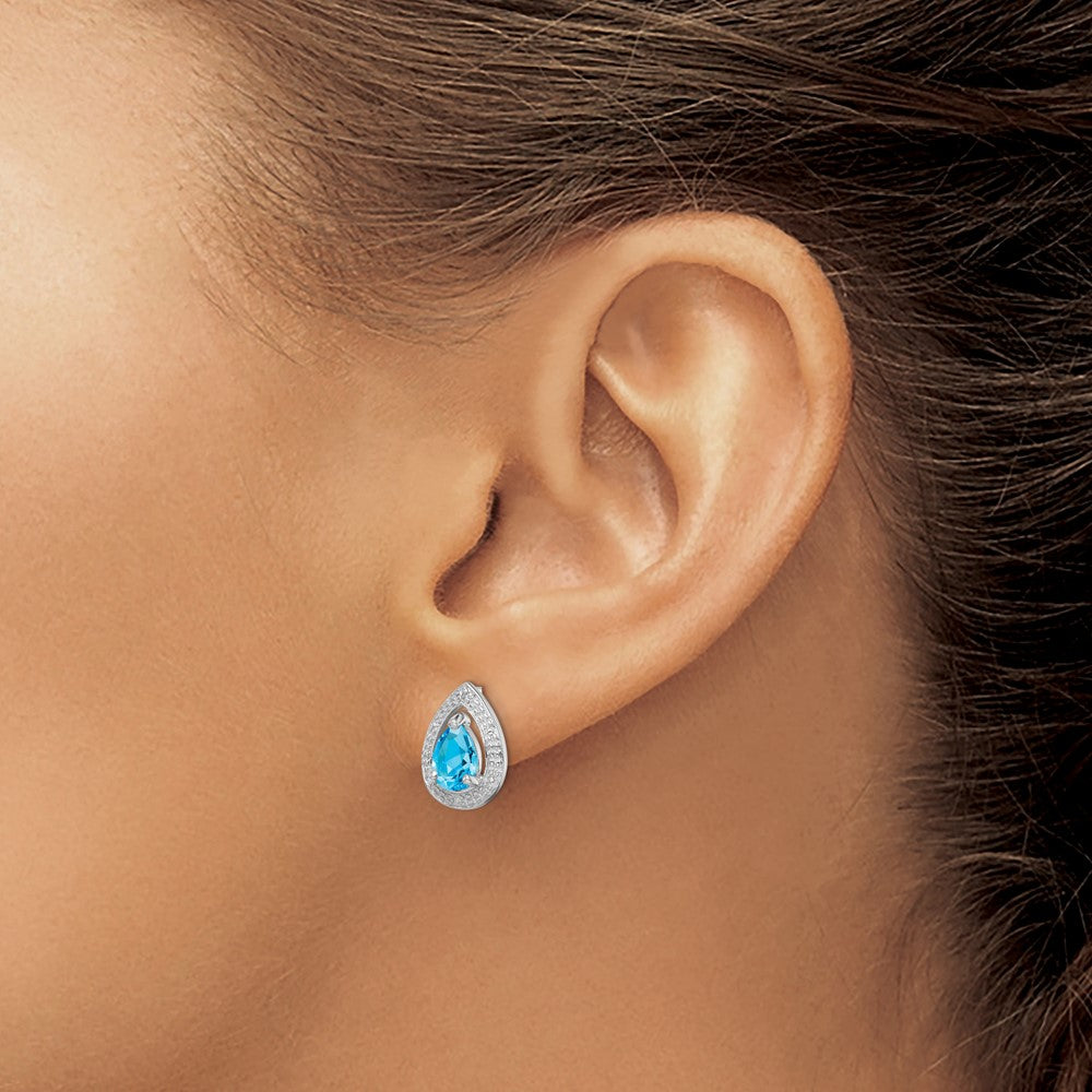 Rhodium-plated Sterling Silver Diamond Blue Topaz Post Earrings