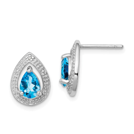 Rhodium-plated Sterling Silver Diamond Blue Topaz Post Earrings