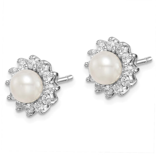 Rhodium-plated Sterling Silver CZ and FWC Pearl Post Earrings