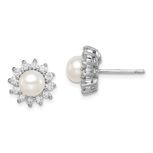 Rhodium-plated Sterling Silver CZ and FWC Pearl Post Earrings