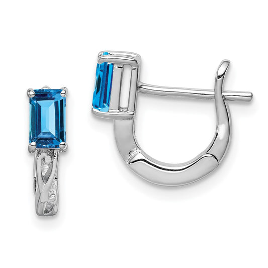 Rhodium-plated Sterling Silver Blue Topaz Hinged Hoop Earrings