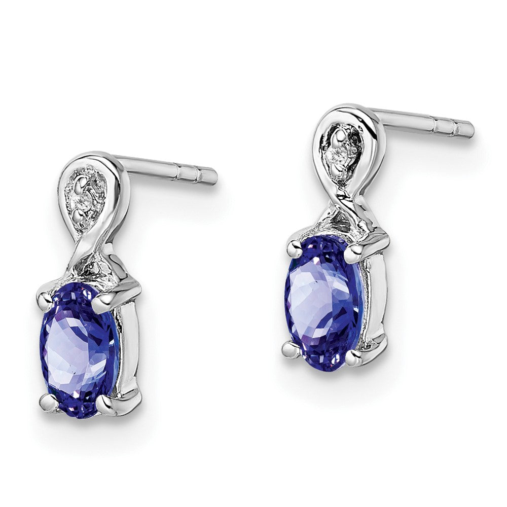 Rhodium-plated Sterling Silver Diamond & Tanzanite Oval Post Earrings