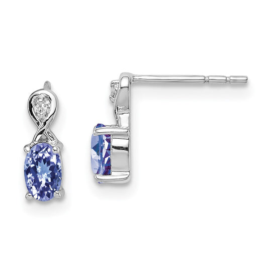 Rhodium-plated Sterling Silver Diamond & Tanzanite Oval Post Earrings