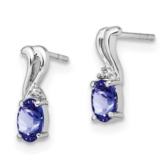 Rhodium-plated Sterling Silver Diamond & Tanzanite Oval Post Earrings