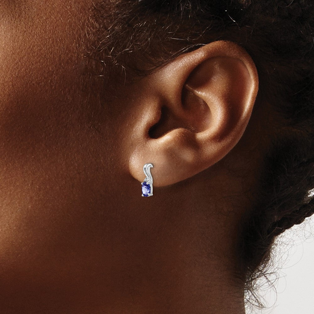 Rhodium-plated Sterling Silver Diamond & Tanzanite Oval Post Earrings