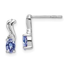 Rhodium-plated Sterling Silver Diamond & Tanzanite Oval Post Earrings