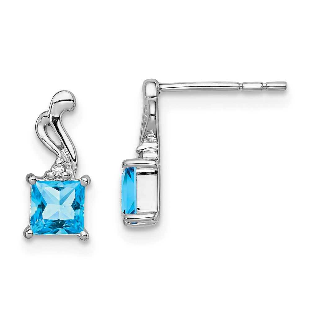 Rhodium-plated Sterling Silver Diamond and Blue Topaz Square Earrings