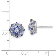 Rhodium-plated Sterling Silver Diamond & Tanzanite Post Earrings