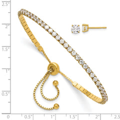 Yellow Gold-plated Sterling Silver CZ Adjustable Bracelet and Post Earrings Set
