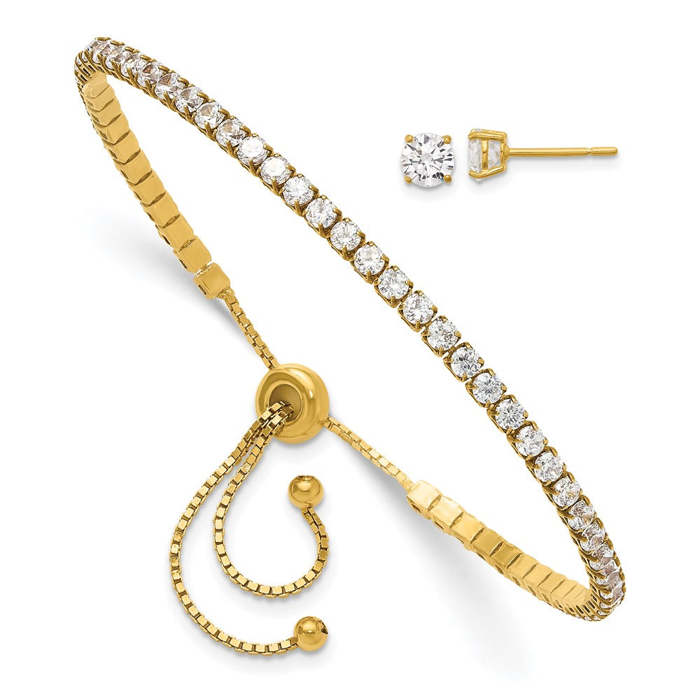 Yellow Gold-plated Sterling Silver CZ Adjustable Bracelet and Post Earrings Set