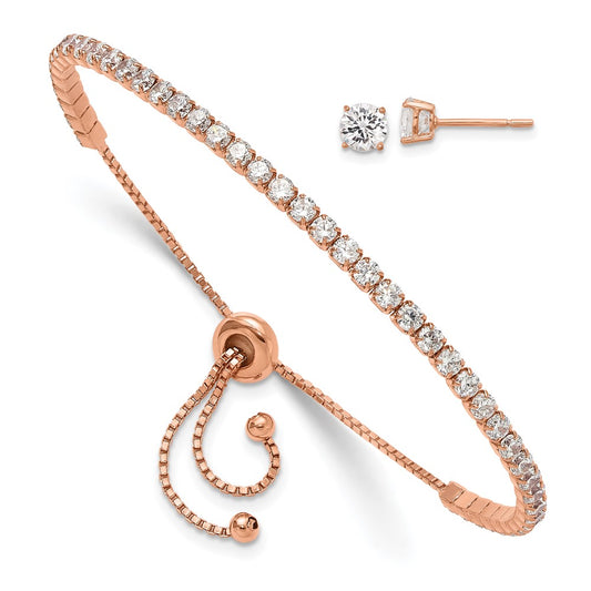 Rose Gold-plated Sterling Silver CZ Adjustable Bracelet and Earrings Set