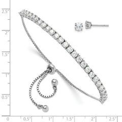Rhodium-plated Sterling Silver CZ Adjustable Bracelet and Post Earrings Set