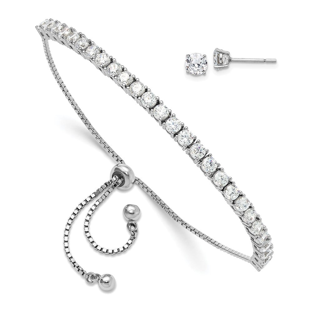 Rhodium-plated Sterling Silver CZ Adjustable Bracelet and Post Earrings Set