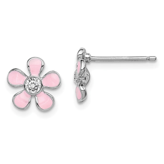 Rhodium-plated Sterling Silver Madi K Enamel and Crystal Flower Earrings