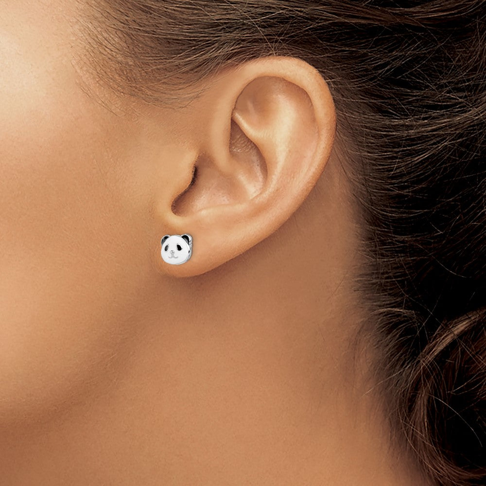 Rhodium-plated Sterling Silver Madi K Enamel Panda Bear Post Earrings