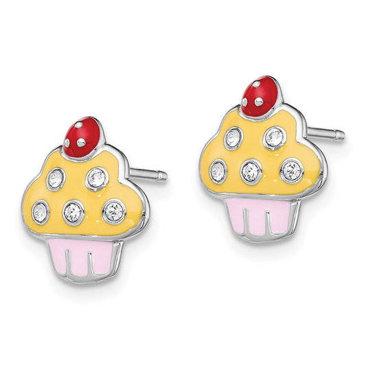 Rhodium-plated Sterling Silver Madi K Enamel and Crystal Cupcake Earrings