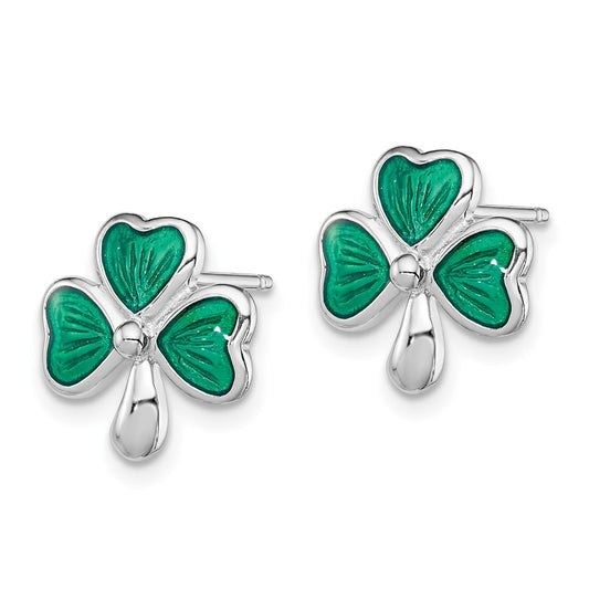 Rhodium-plated Sterling Silver Madi K Enamel Shamrock Post Earrings