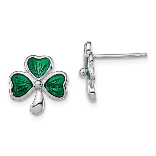 Rhodium-plated Sterling Silver Madi K Enamel Shamrock Post Earrings