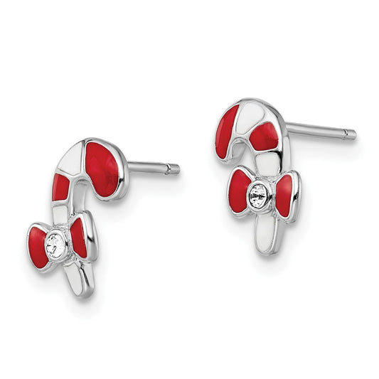 Rhodium-plated Sterling Silver Madi K Enamel and Crystal Candy Cane Earrings