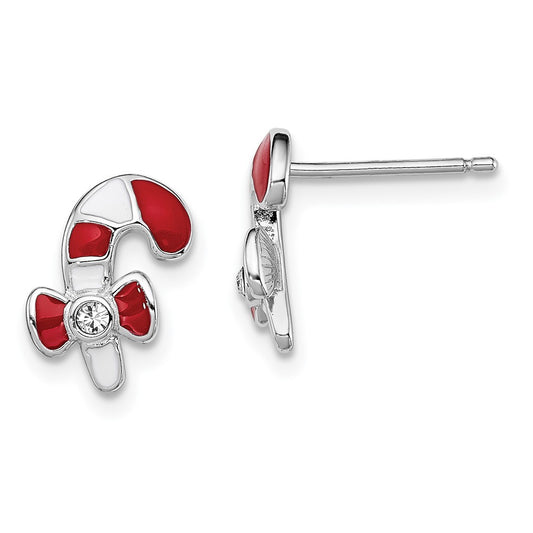 Rhodium-plated Sterling Silver Madi K Enamel and Crystal Candy Cane Earrings