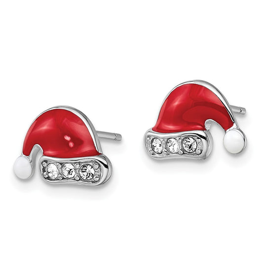 Rhodium-plated Sterling Silver Madi K Enamel and Crystal Santa Hat Earrings