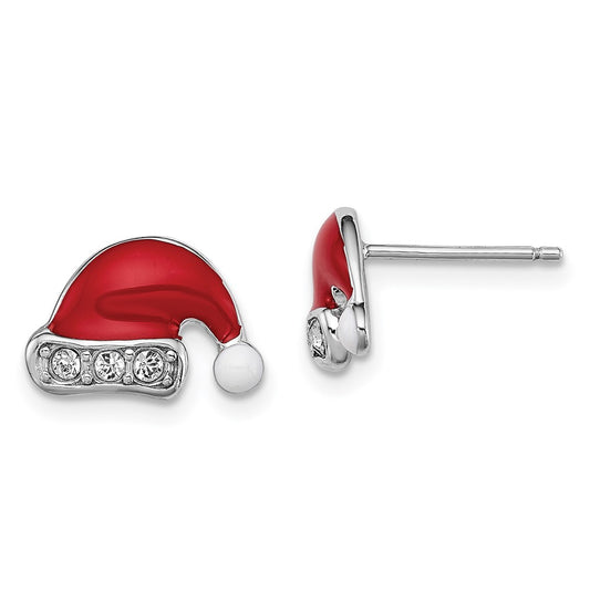 Rhodium-plated Sterling Silver Madi K Enamel and Crystal Santa Hat Earrings