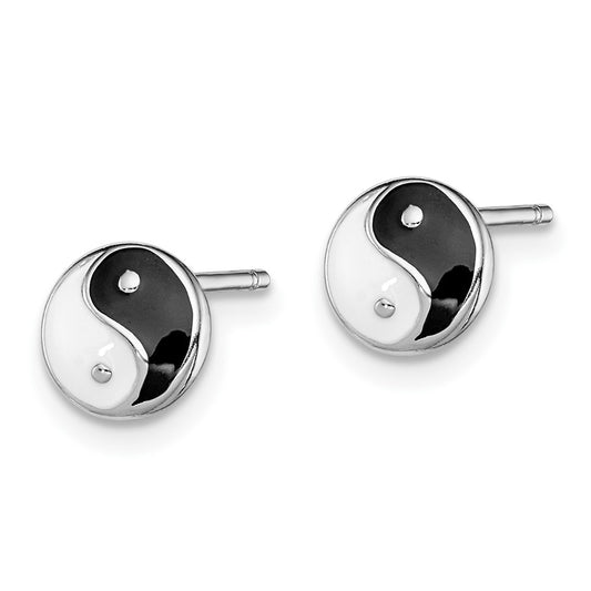 Rhodium-plated Sterling Silver Madi K Enamel Yin Yang Symbol Post Earrings