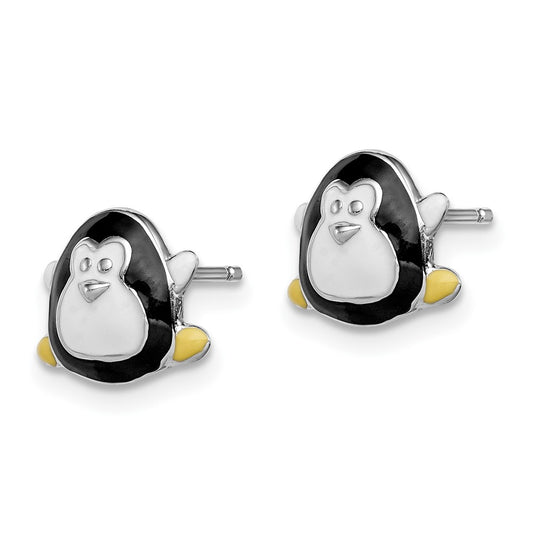 Rhodium-plated Sterling Silver Madi K Enamel Penguin Post Earrings