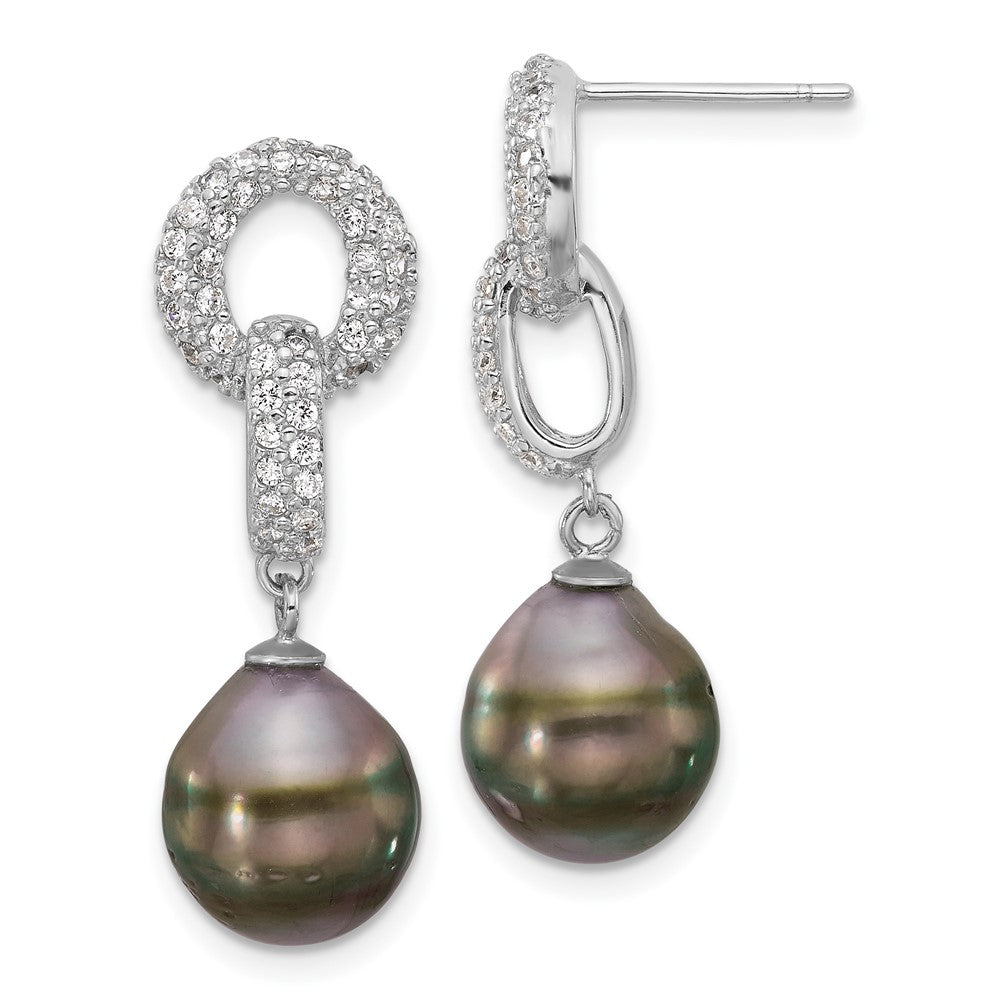 Rhodium-plated Silver 9-10mm Tahitian Pearl CZ Necklace Earring Set