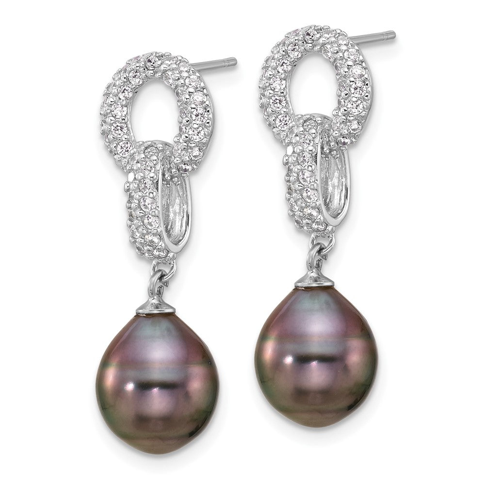 Rhodium-plated Silver 9-10mm Tahitian Pearl CZ Necklace Earring Set