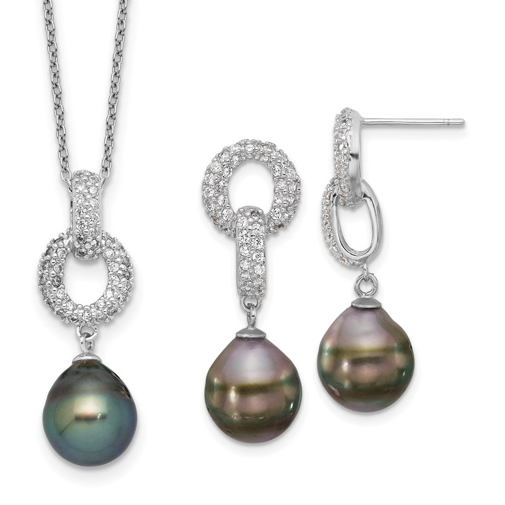 Rhodium-plated Silver 9-10mm Tahitian Pearl CZ Necklace Earring Set